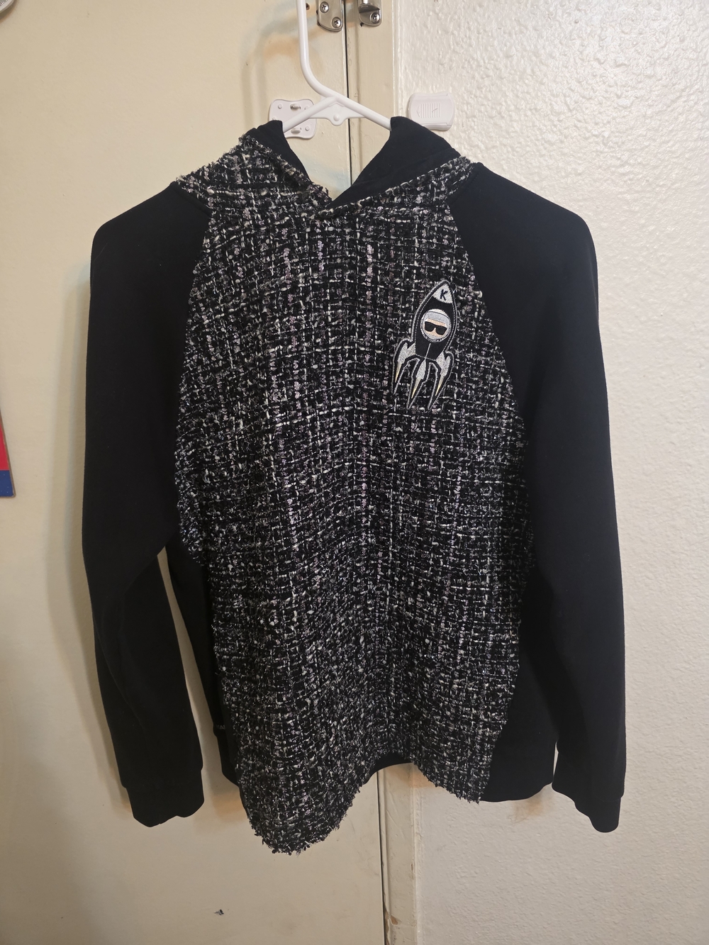 Karl Lagerfeld Black & Gray Womans Hooded Jacket with Rocket Patch